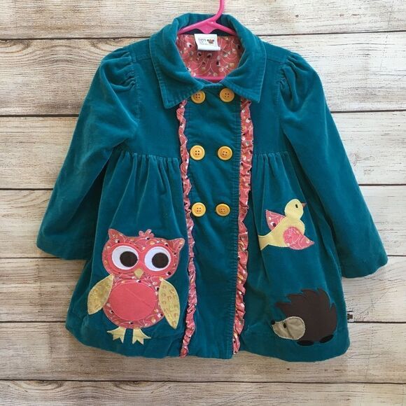 SAM AND SYDNEY UNIQUE WILDLIFE APPLIQUED RUFFLE COAT IN TEAL VELVETEEN - Picture 1 of 10
